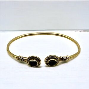 Adjustable Vintage Brass Bracelet with 2 real Onyx Cabochons